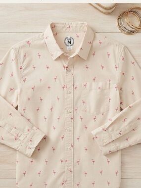 White with Flamingo print 🦩 Casual Button Down Shirt